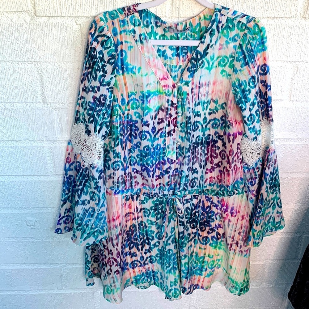 Revolve Pitanga Pastel Bell Crochet Sleeve Romper size P